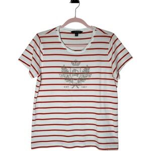 Lauren Ralph Lauren Red White Striped Embellished Crest T-Shirt XL